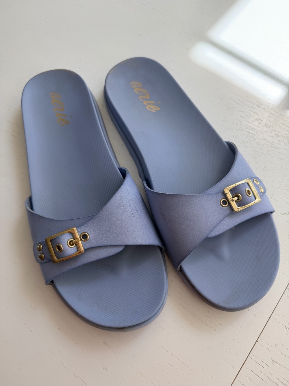 Aerie Light Blue Slide Sandals with Gold Buckle Accent